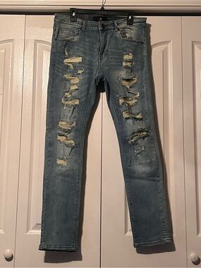 Men's Skinny Distressed Denim Jeans in Blue 34x34
